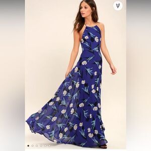 NWT Lulu’s All I Need Royal Blue Floral Print Lace-Up Maxi Dress